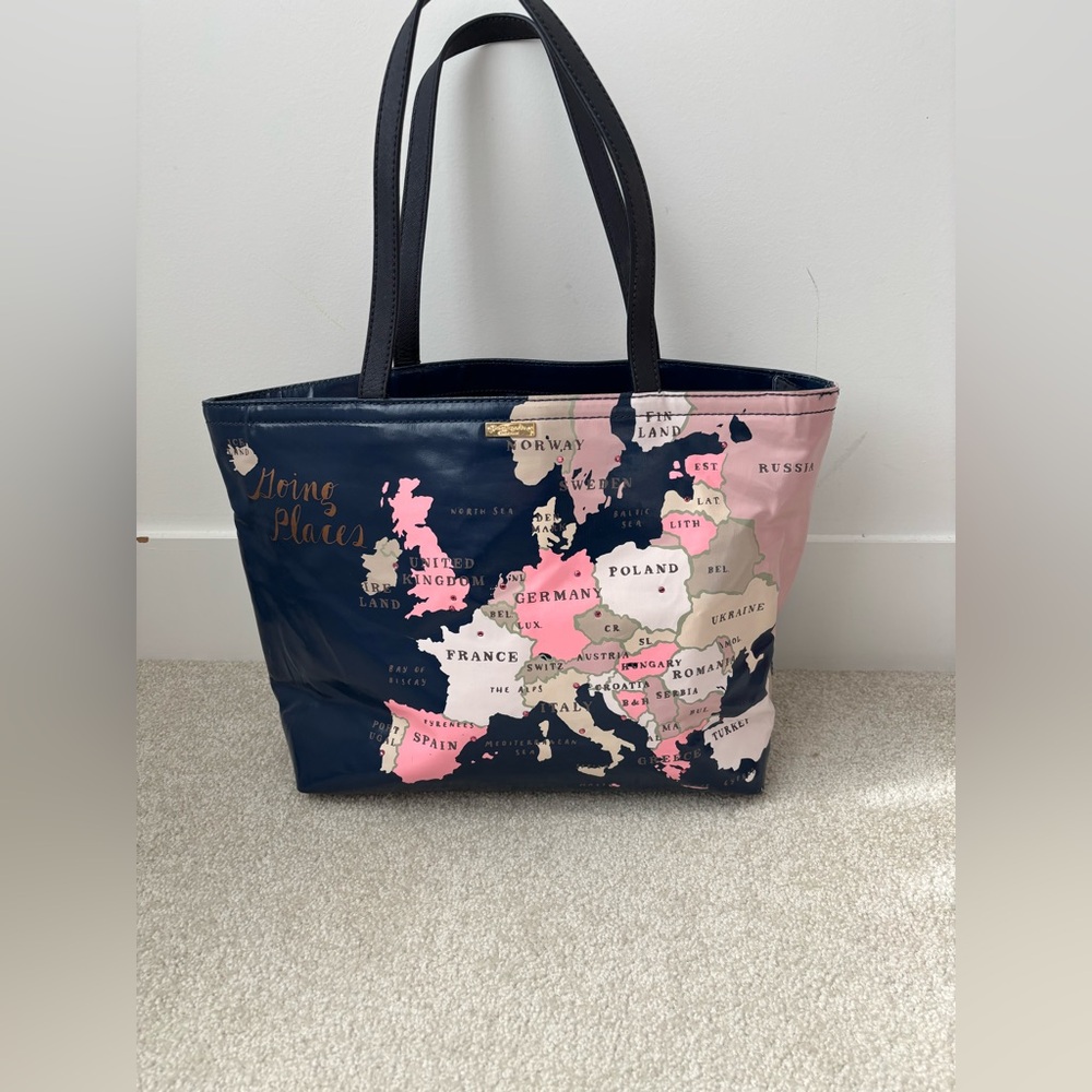 Kate Spade Going Places World Map Tote Bag Travel Print Rare Navy Pink